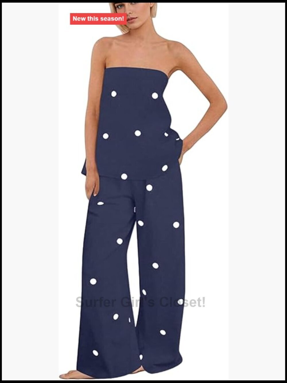 Polka Dot 2 Piece Outfits Sets Strapless Bandeau Blouse High Waist Wide Leg